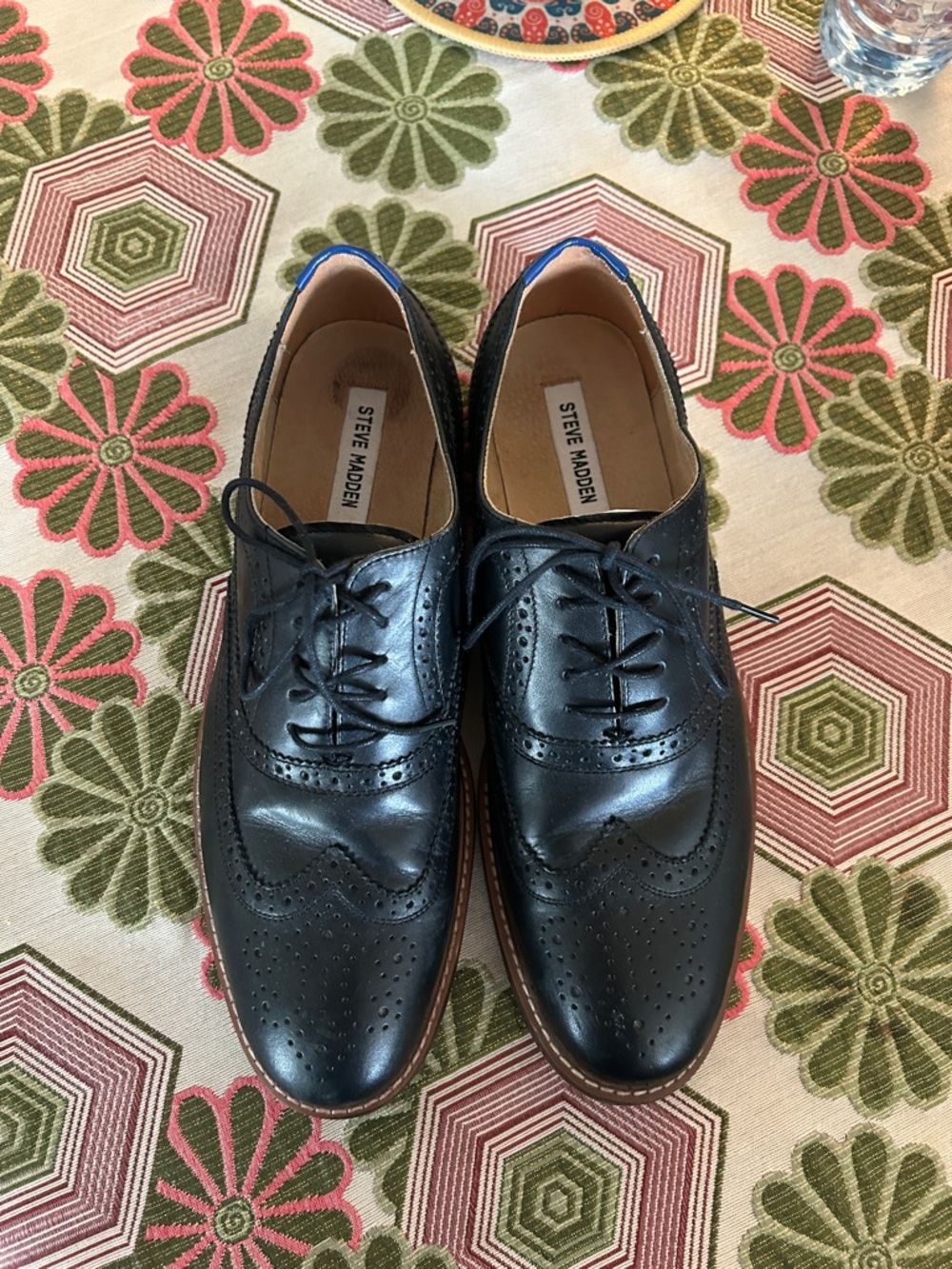 Steve Madden Black Leather Wingtip Oxfords with Brown Soles
